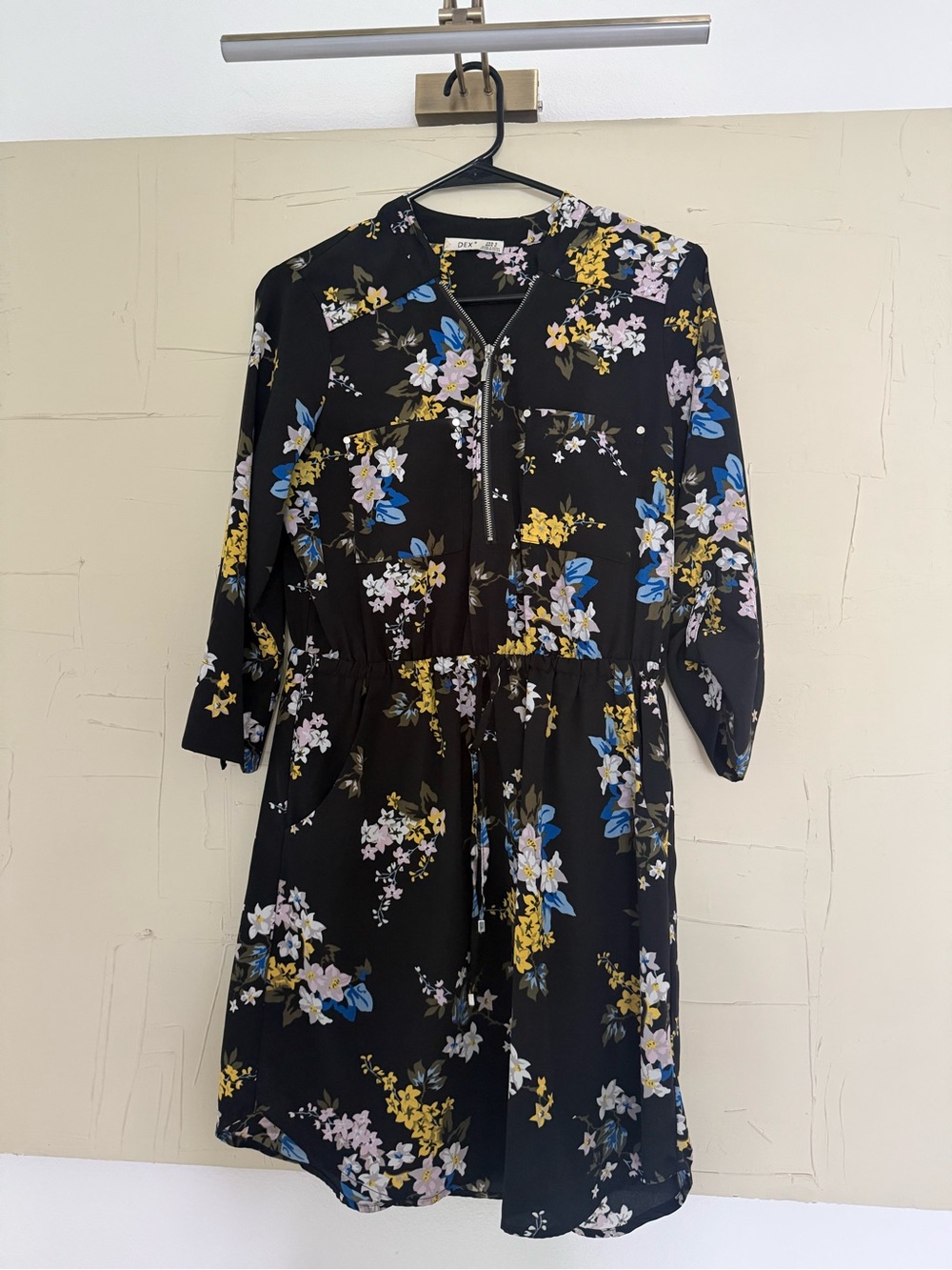 Dex Black Floral Long Sleeve Drawstring Dress with Blue & Yellow Flowers